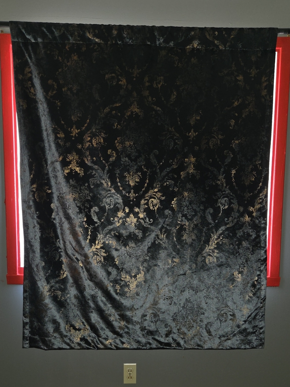 Black and Gold Velour Damask Window Curtain
